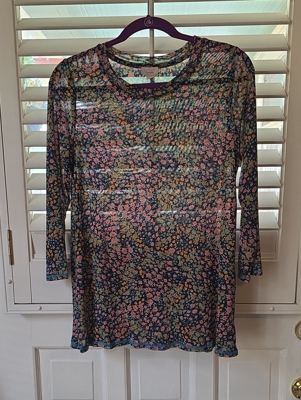 LOGO by Lori Goldstein Sheer Floral Long-Sleeve Top - Navy, Melon